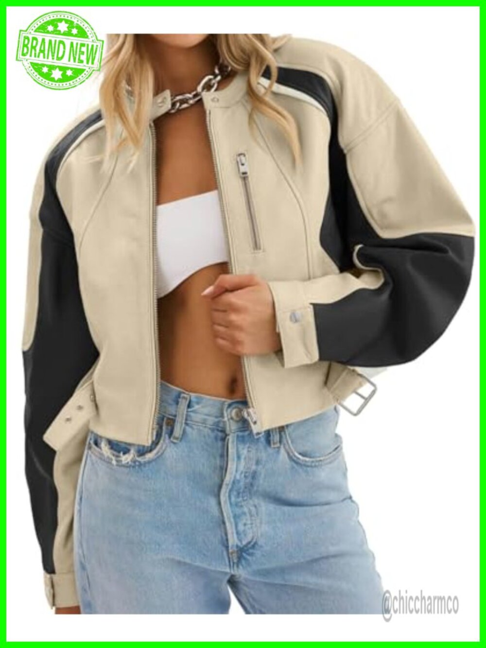 Faux Leather Bomber Jacket Collarless Zip Cropped Moto Biker Coat